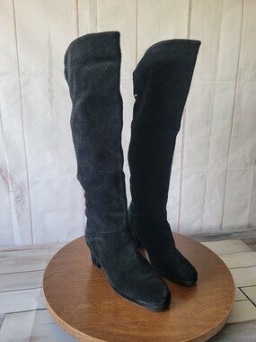 Vintage 90s New York Black Suede Over the Knee Boots, Block Heel, Women’s 9M